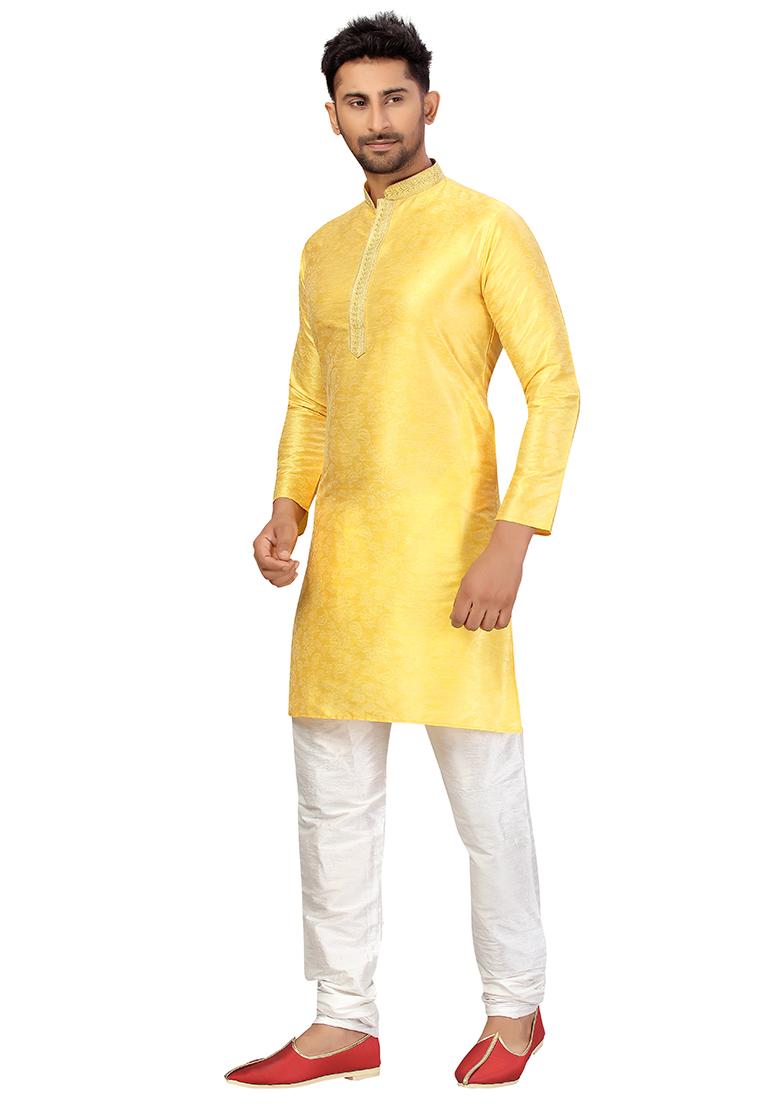 Yellow Embroidered Silk Kurta Set For Men