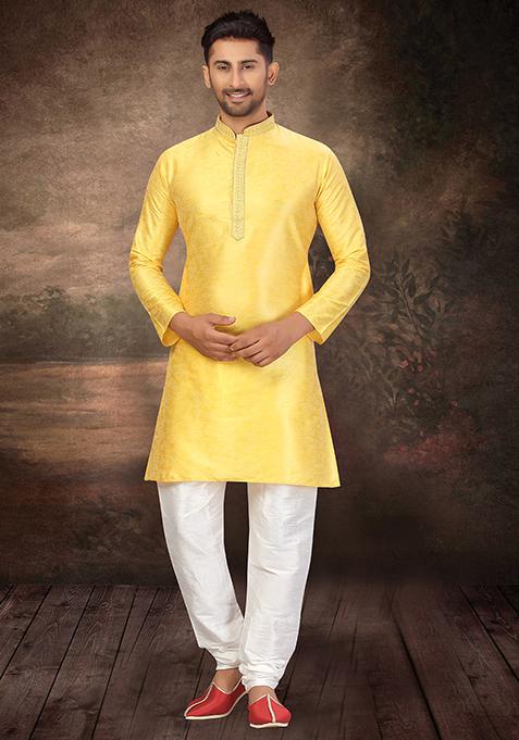 Yellow Embroidered Silk Kurta Set For Men