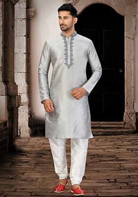 Light Grey Embroidered Silk Kurta Set For Men