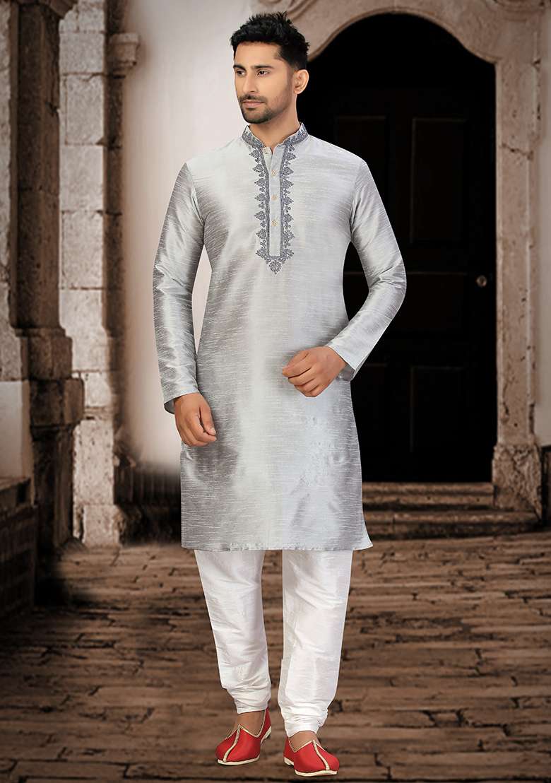 Light Grey Embroidered Silk Blend Kurta Set For Men - Indya