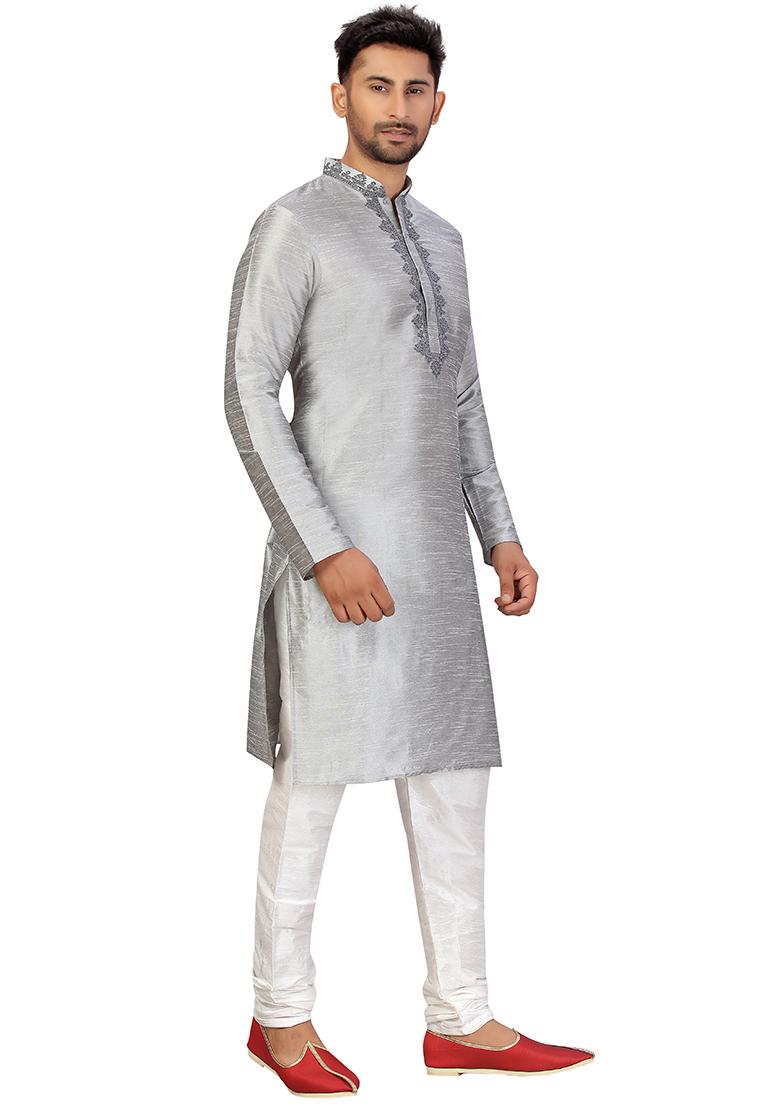Light Grey Embroidered Silk Kurta Set For Men