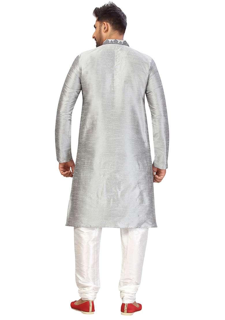 Light Grey Embroidered Silk Blend Kurta Set For Men - Indya