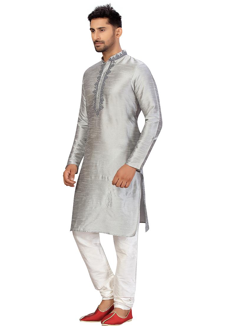 Light Grey Embroidered Silk Kurta Set For Men
