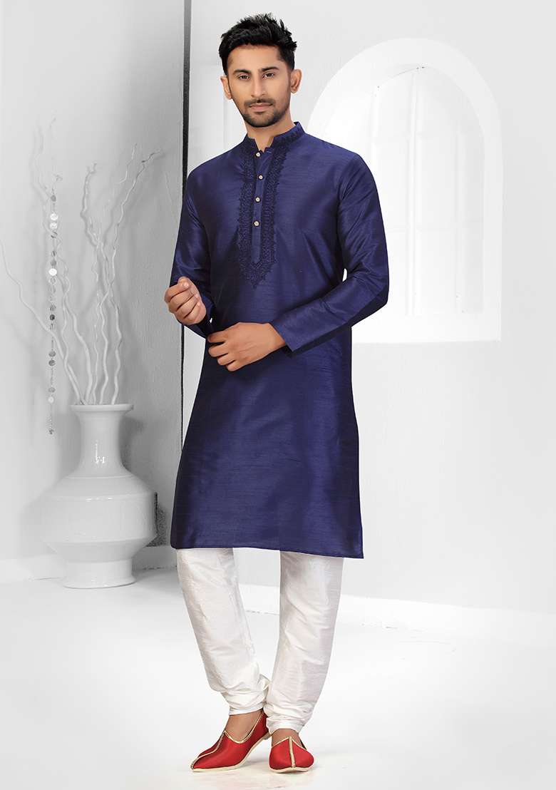 Navy Blue Embroidered Silk Blend Kurta Set For Men - Indya