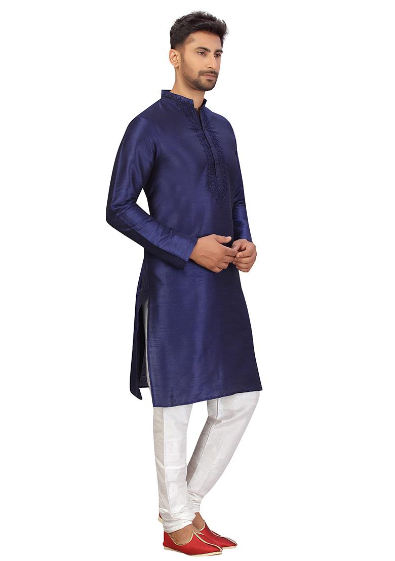 Navy Blue Embroidered Silk Kurta Set For Men