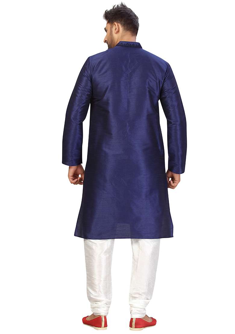Navy Blue Embroidered Silk Blend Kurta Set For Men - Indya