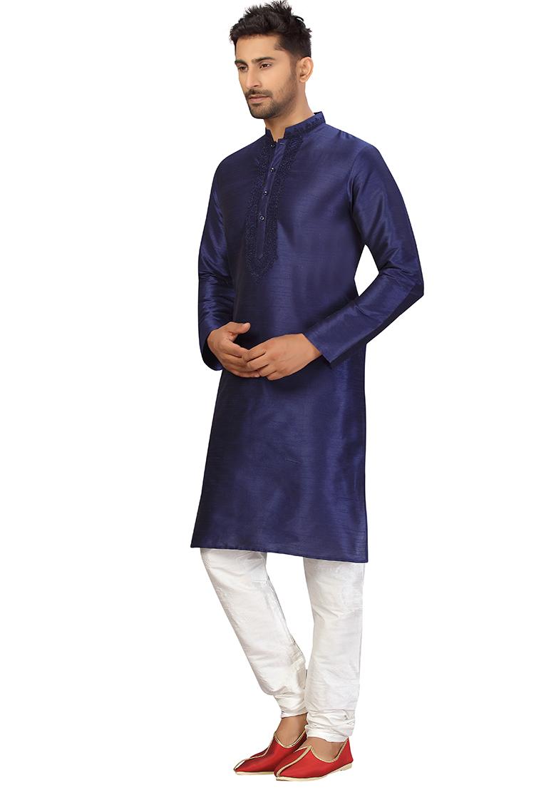 Navy Blue Embroidered Silk Kurta Set For Men