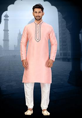 Pink Embroidered Silk Kurta Set For Men