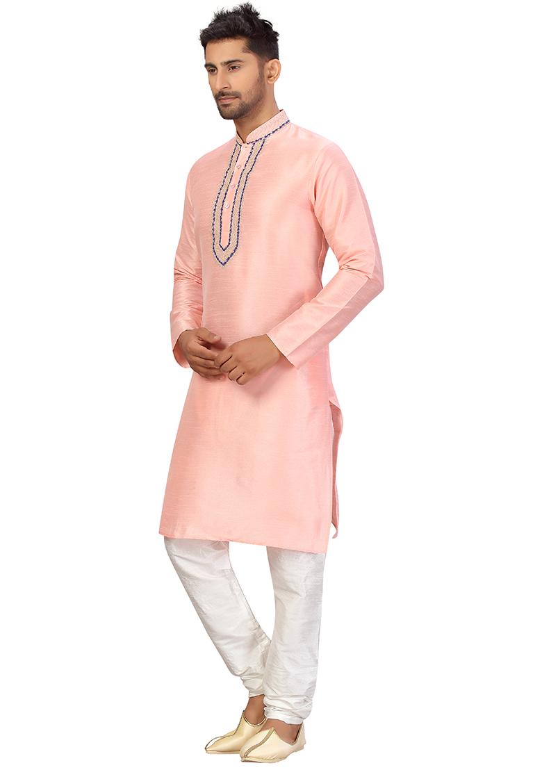 Pink Embroidered Silk Kurta Set For Men