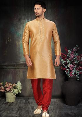 Gold Embroidered Silk Kurta Set For Men