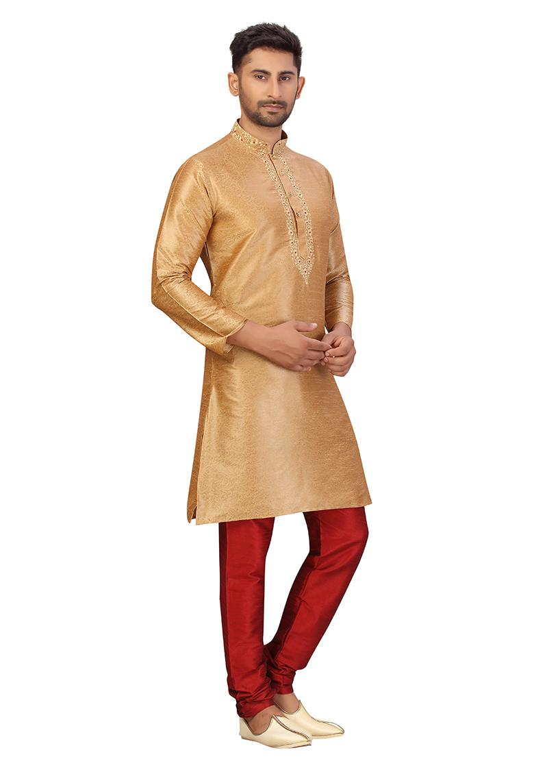 Gold Embroidered Silk Kurta Set For Men