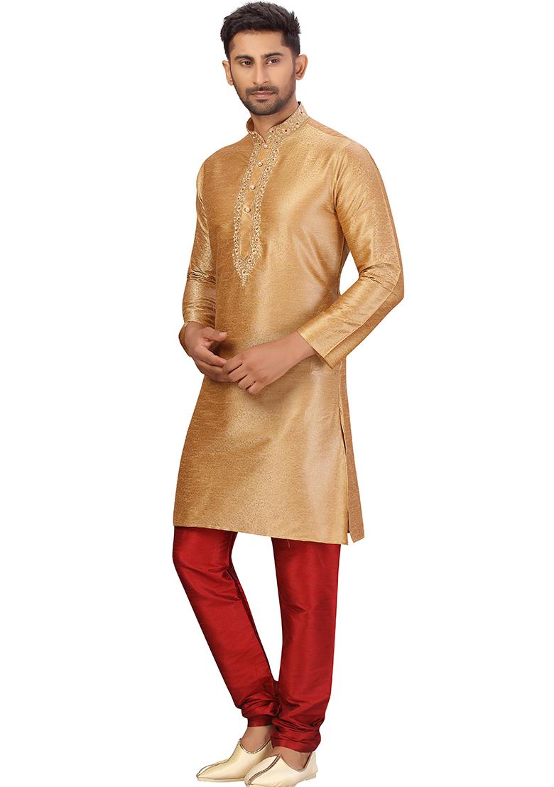 Gold Embroidered Silk Kurta Set For Men