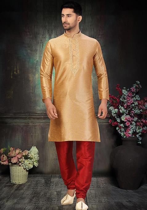 Gold Embroidered Silk Kurta Set For Men