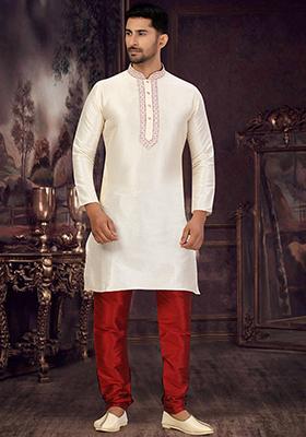 Cream Embroidered Jacquard Kurta Set For Men