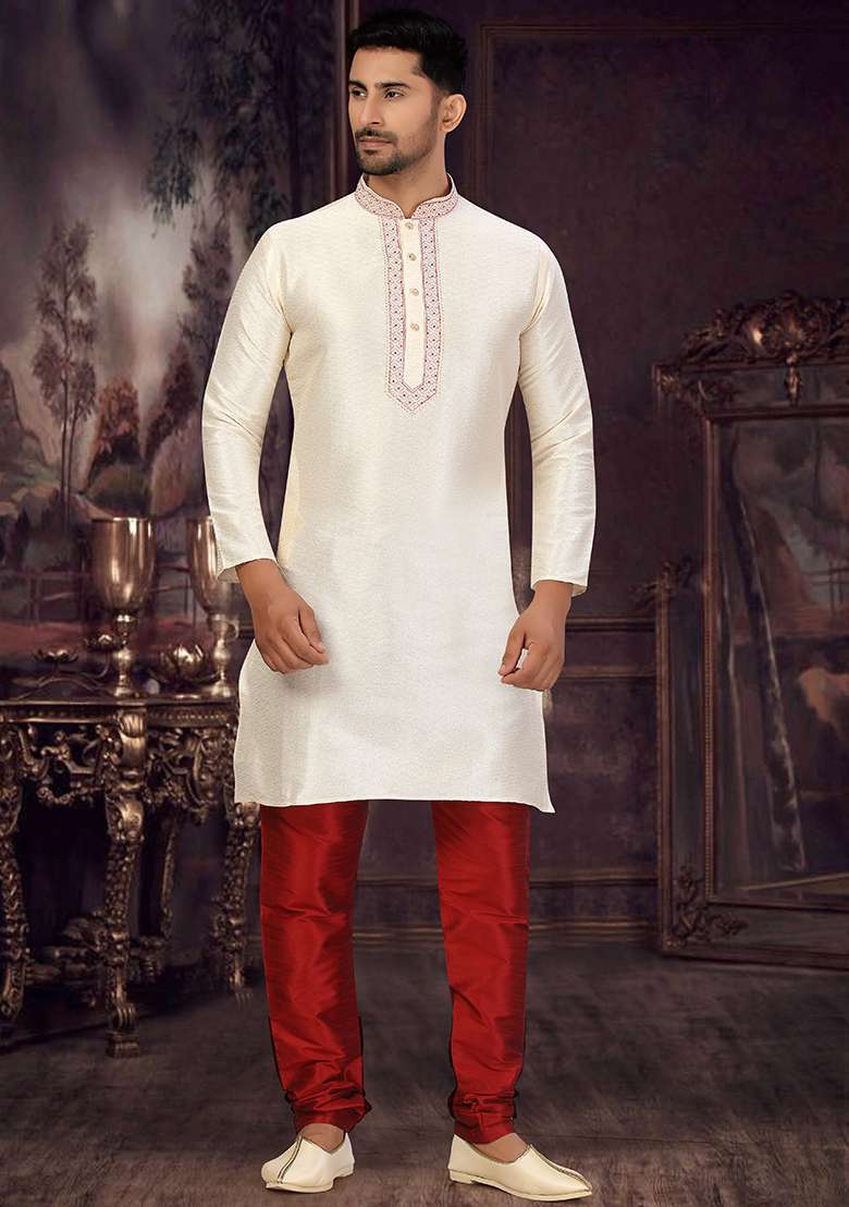 Cream Embroidered Jacquard Kurta Set For Men - Indya