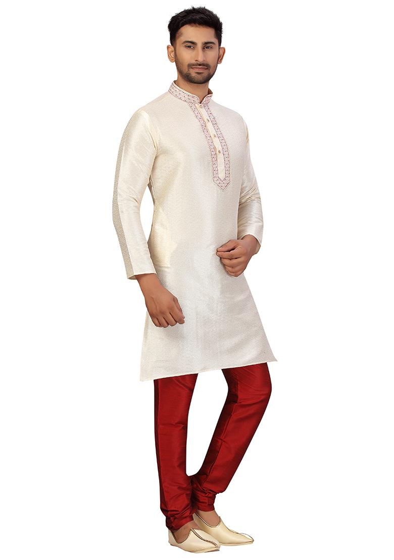 Cream Embroidered Jacquard Kurta Set For Men
