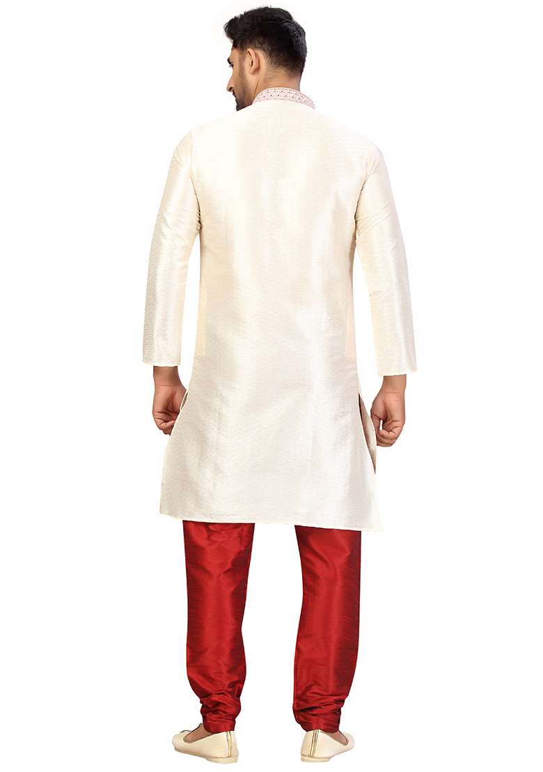 Cream Embroidered Jacquard Kurta Set For Men - Indya