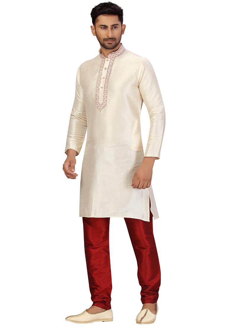 Cream Embroidered Jacquard Kurta Set For Men