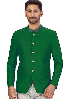 Green Embroidered Silk Bandhgala For Men