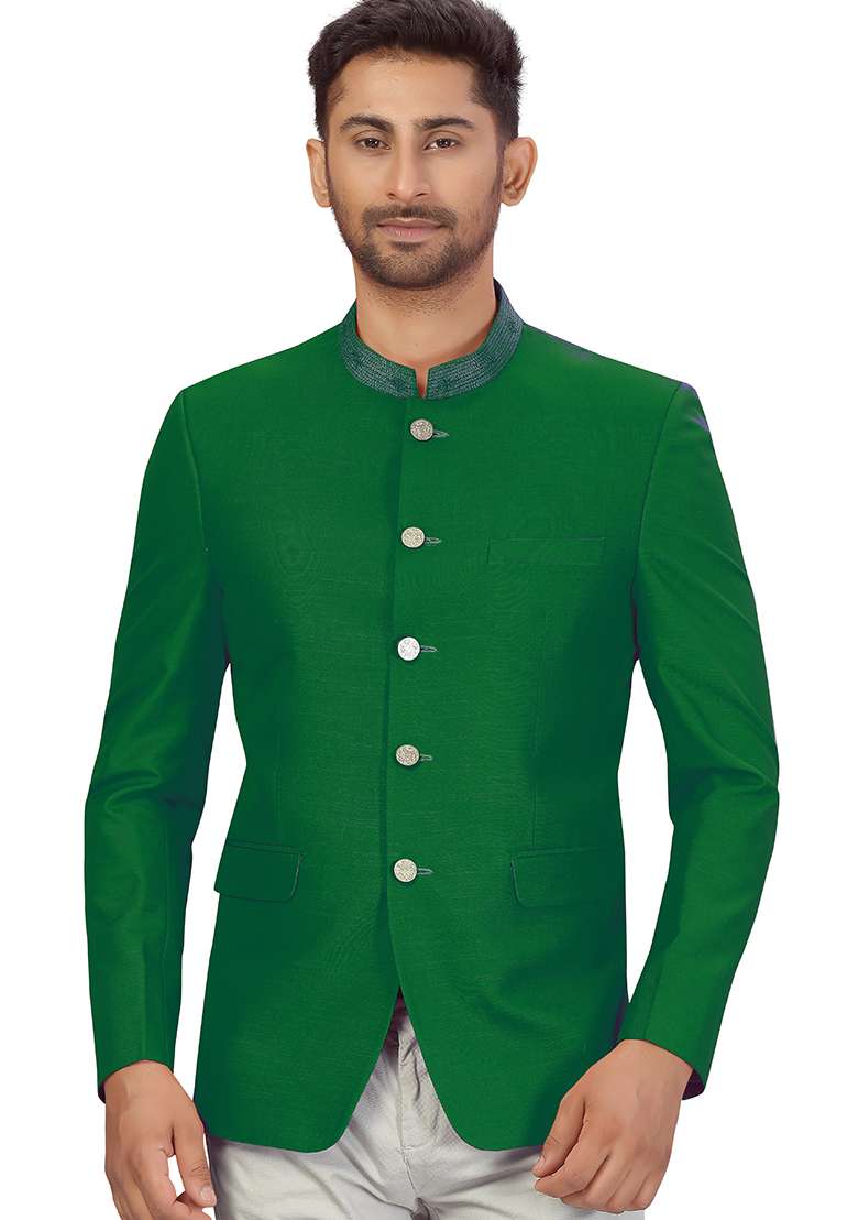 Green Embroidered Silk Blend Bandhgala For Men - Indya