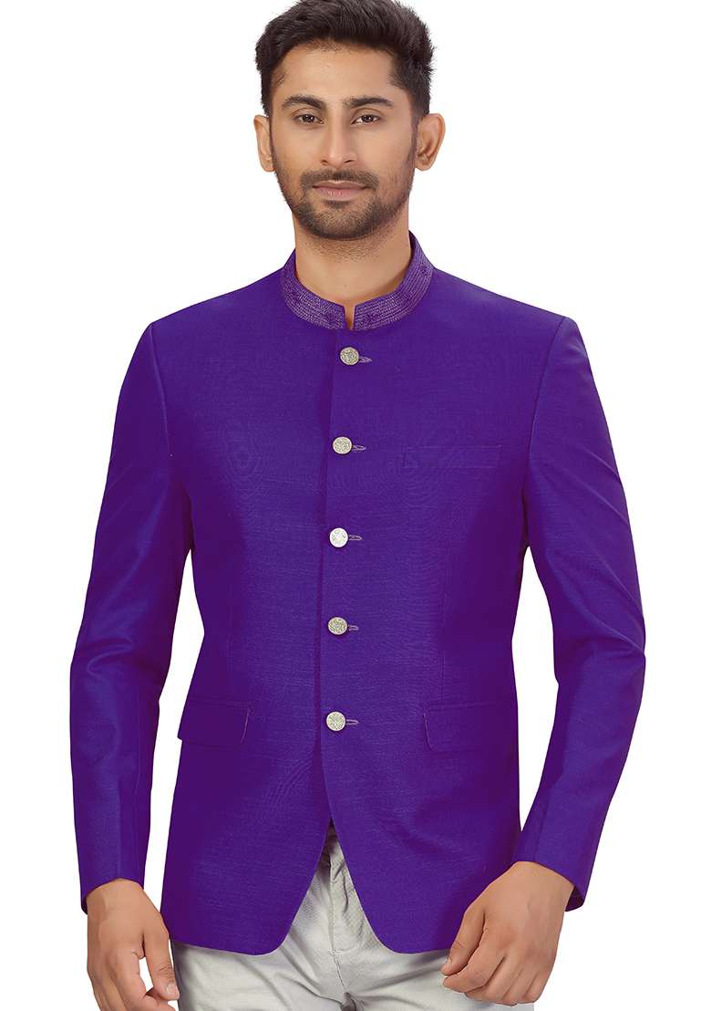 Blue Embroidered Silk Blend Bandhgala For Men - Indya