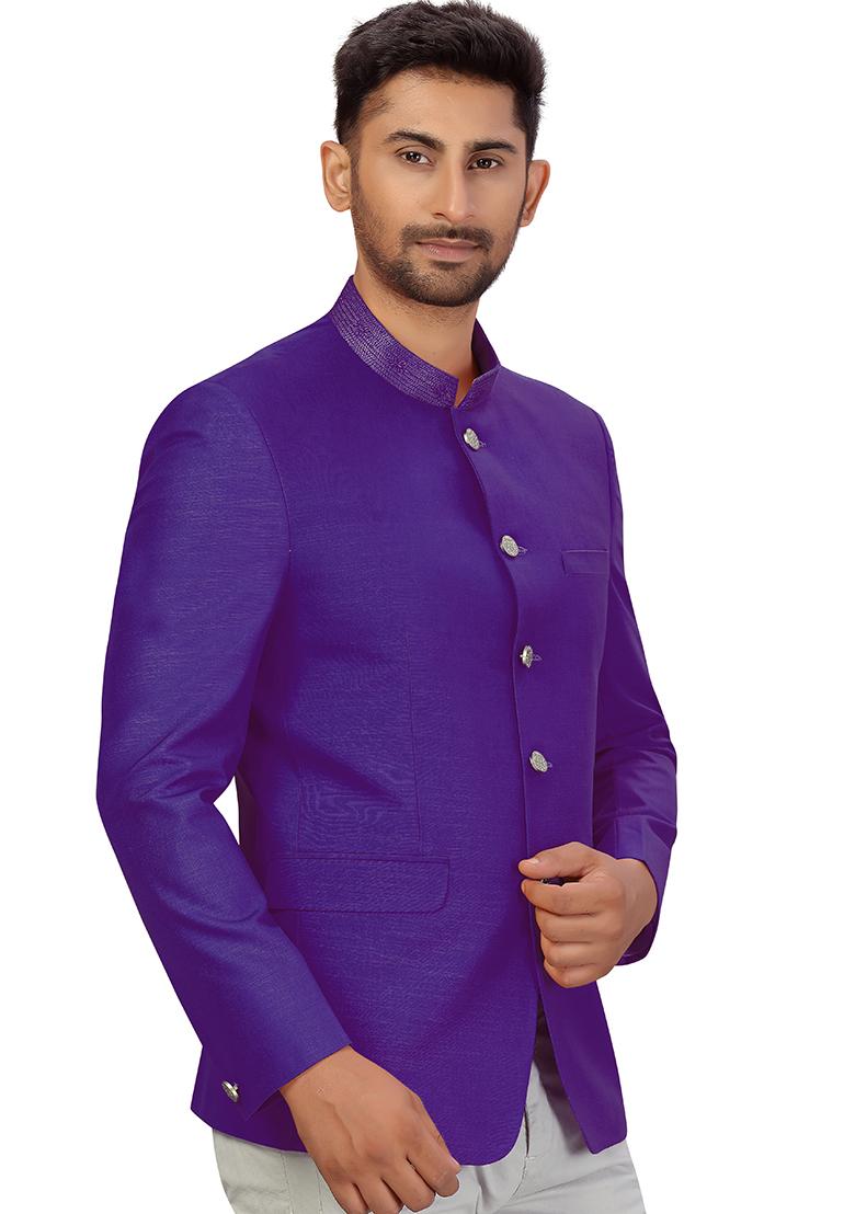 Blue Embroidered Silk Bandhgala For Men