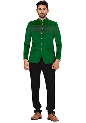 Green Embroidered Velvet  Bandhgala For Men