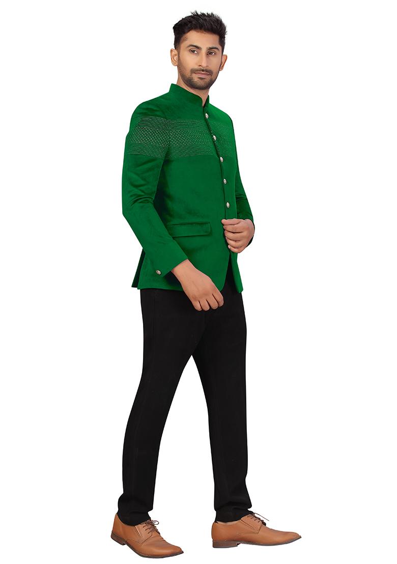 Green Embroidered Velvet  Bandhgala For Men
