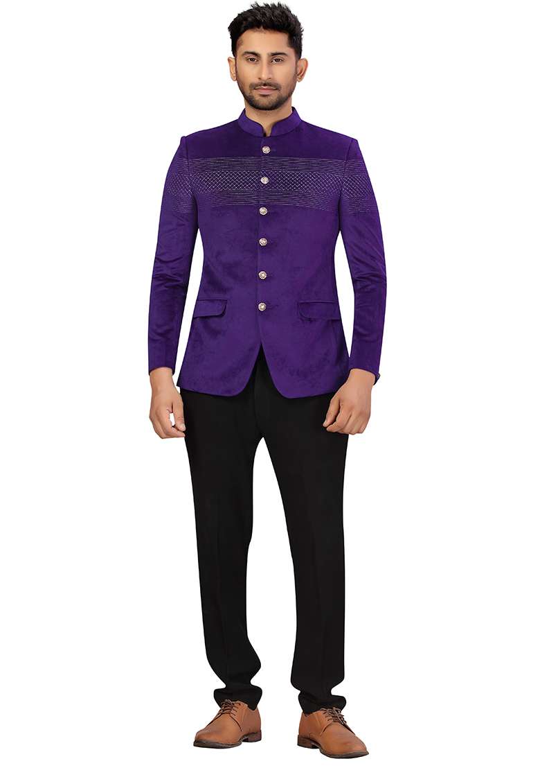 Royal Blue Embroidered Velvet  Bandhgala For Men - Indya