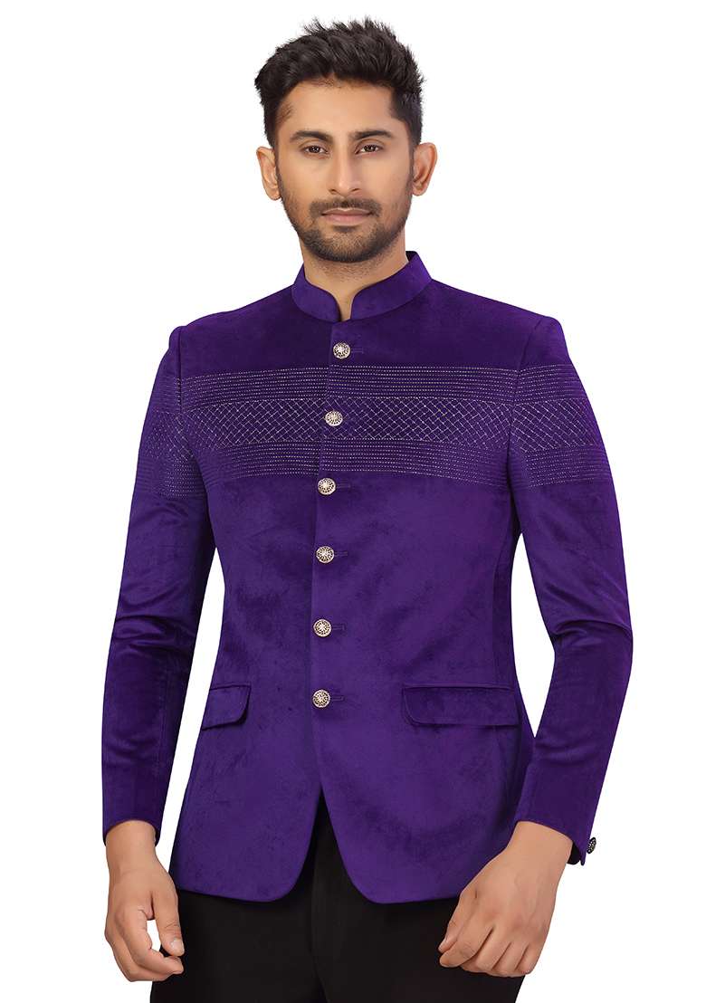 Royal Blue Embroidered Velvet  Bandhgala For Men - Indya