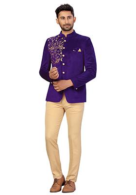 Purple Embroidered Velvet  Bandhgala For Men