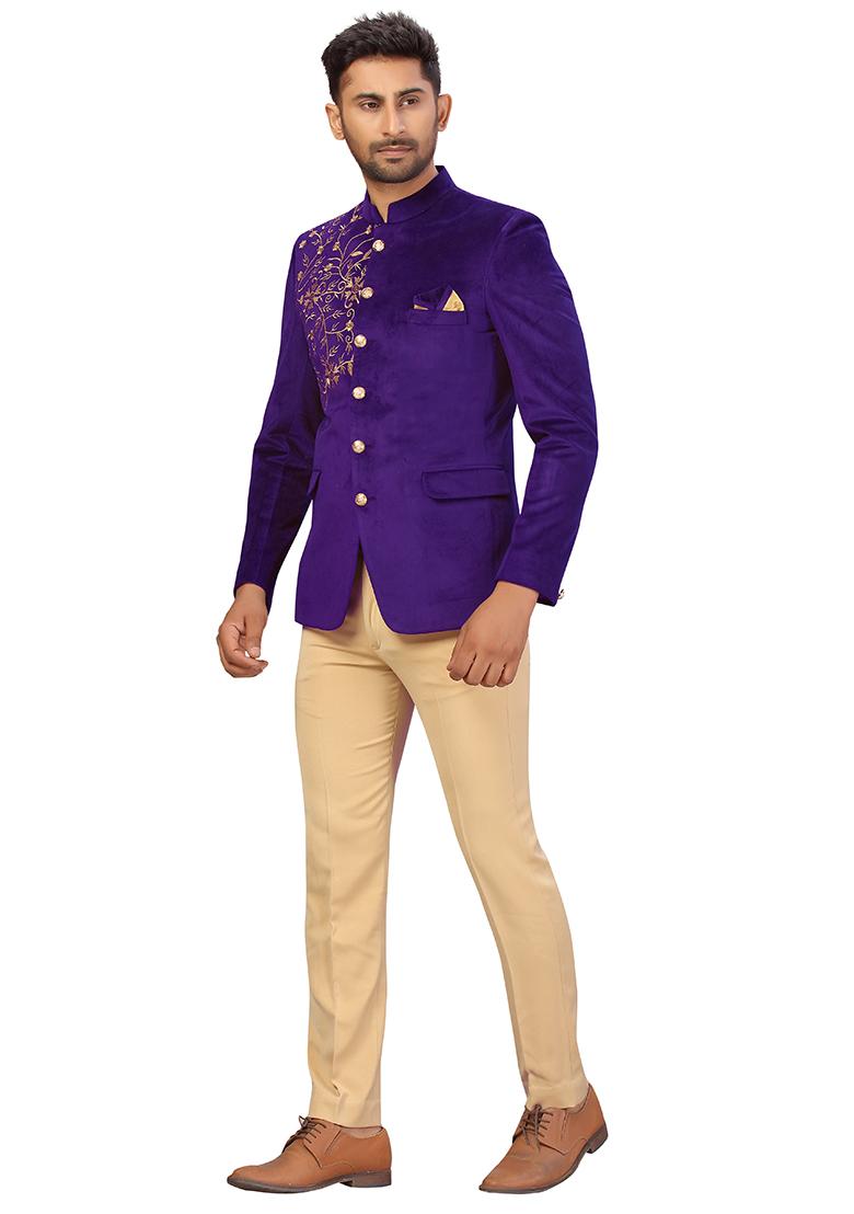Purple Embroidered Velvet  Bandhgala For Men