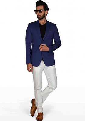 Blue Solid Cotton Blazer For Men