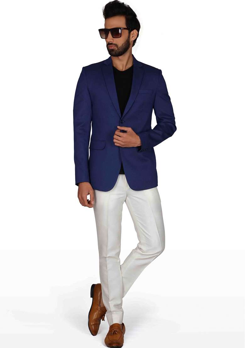 Blue Solid Cotton Blazer For Men - Indya