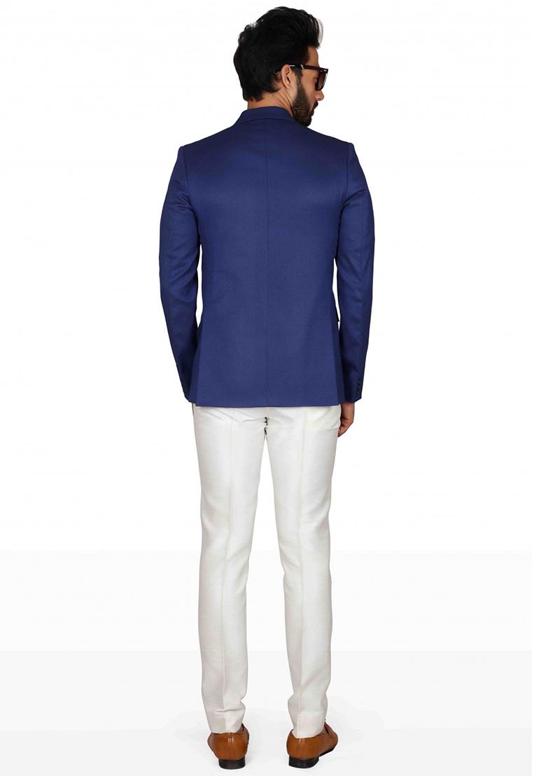 Blue Solid Cotton Blazer For Men