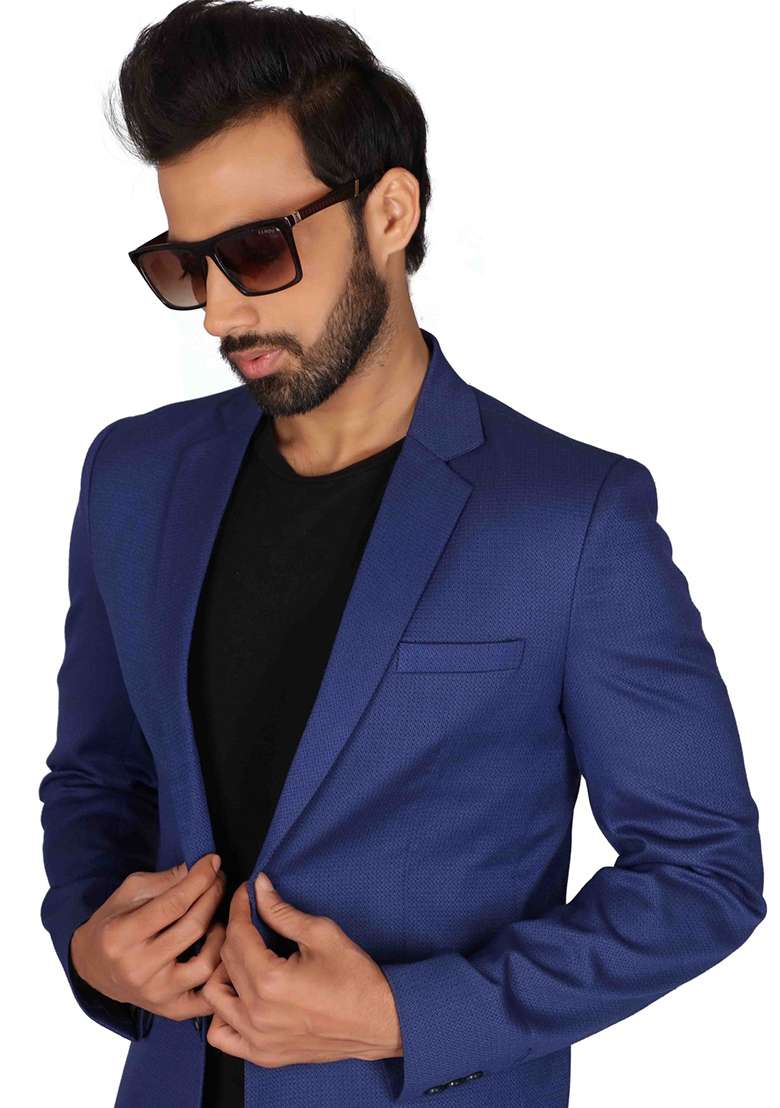 Blue Solid Cotton Blazer For Men - Indya