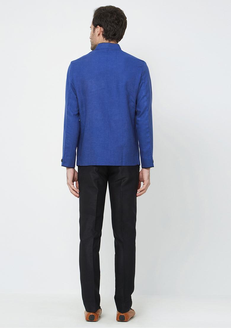 Royal Blue Solid Linen Bandhgala For Men