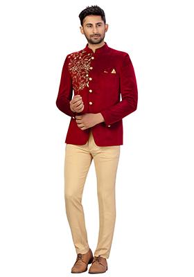 Red Embroidered Velvet  Bandhgala For Men
