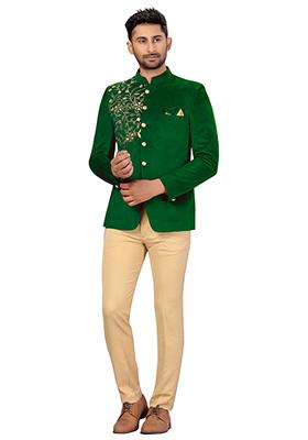 Green Embroidered Velvet  Bandhgala For Men