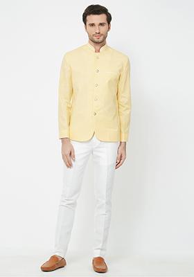 Yellow Solid Linen Bandhgala For Men