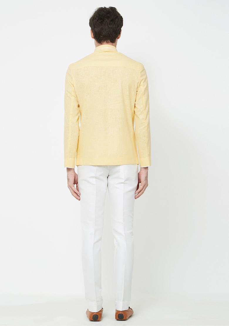 Yellow Solid Linen Bandhgala For Men