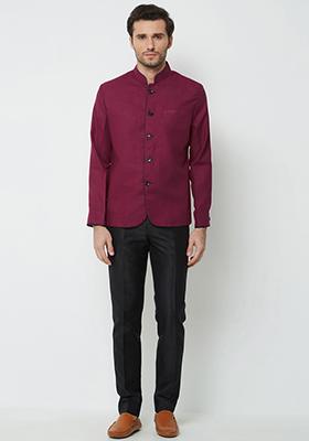Maroon Solid Linen Bandhgala For Men