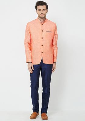 Orange Solid Linen Bandhgala For Men