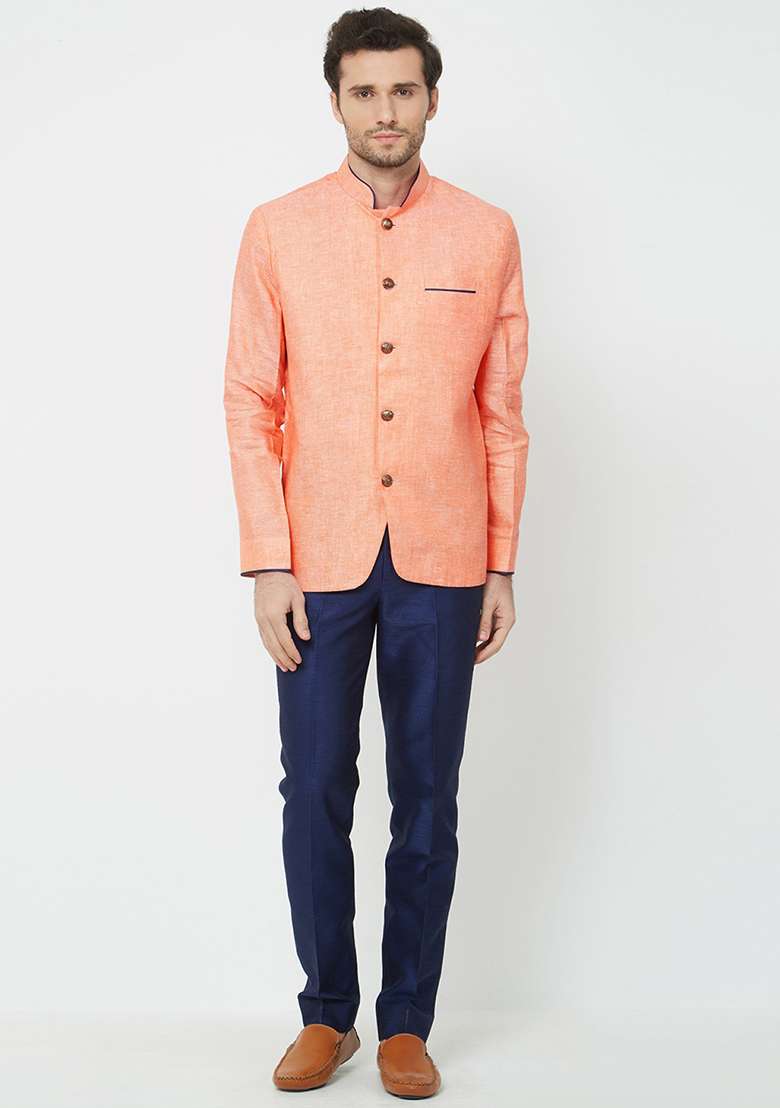 Orange Solid Linen Bandhgala For Men - Indya