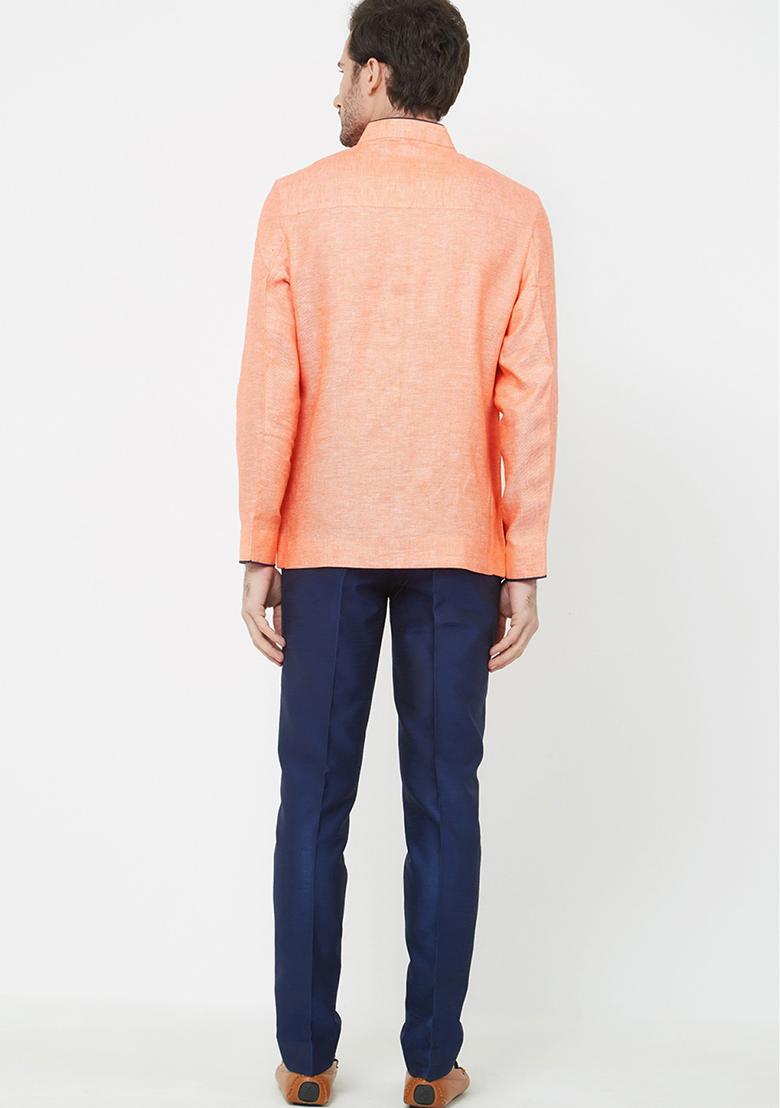 Orange Solid Linen Bandhgala For Men