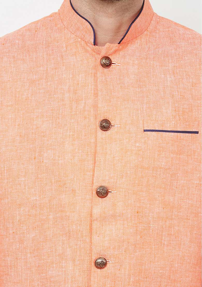 Orange Solid Linen Bandhgala For Men - Indya