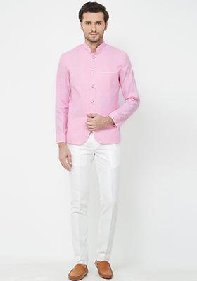 Pink Solid Linen Bandhgala For Men