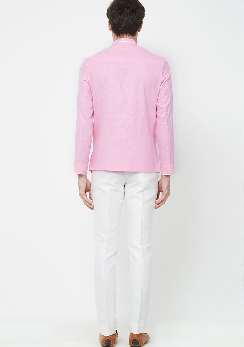 Pink Solid Linen Bandhgala For Men