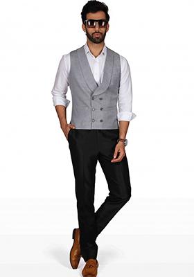Grey Solid Cotton Blazer For Men