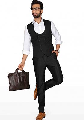 Black Solid Cotton Blazer For Men